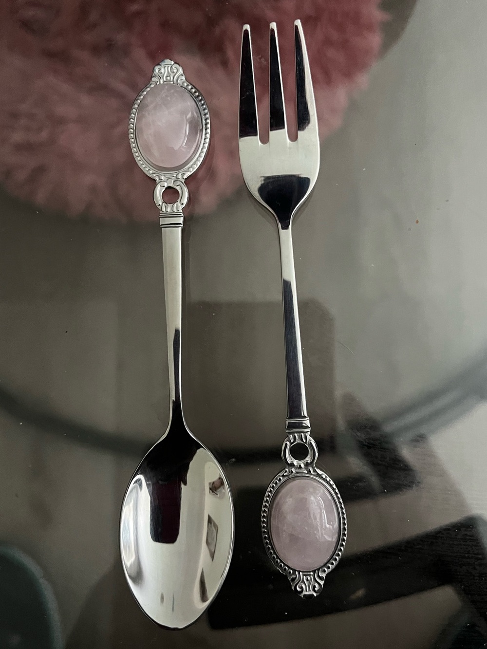 Rose Quartz Dessert Spoon & Fork Set